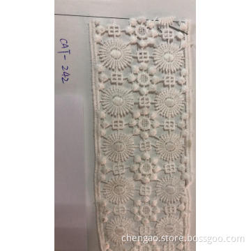 Three Flowers On Wide Trims Polyester Embroider Fabric